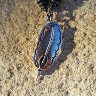 Hematite and Lava Stone Feather Necklace in Sterling Silver