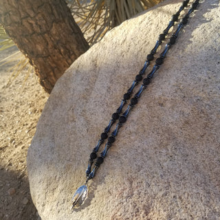 Hematite and Lava Stone Feather Necklace in Sterling Silver