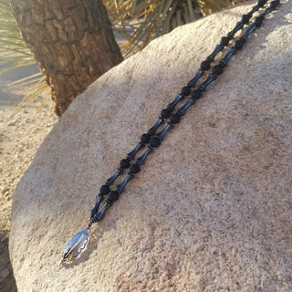 Hematite and Lava Stone Feather Necklace in Sterling Silver