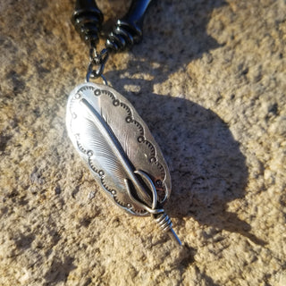 Hematite and Lava Stone Feather Necklace in Sterling Silver