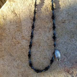 Hematite and Lava Stone Feather Necklace in Sterling Silver