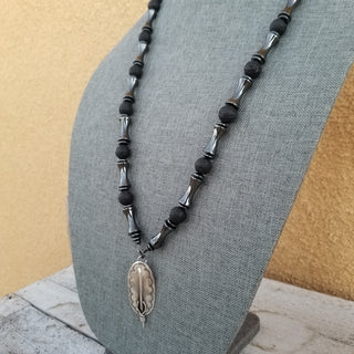 Hematite and Lava Stone Feather Necklace in Sterling Silver