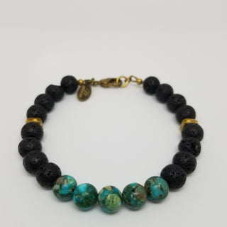 Imperial Turquoise Jasper and Black Lava (10mm) Antiqued Gold Clasp Bracelet