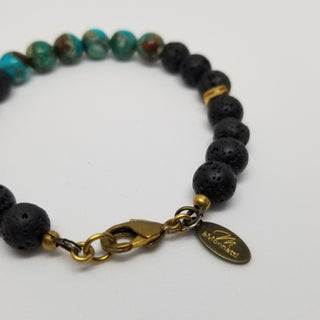 Imperial Turquoise Jasper and Black Lava (10mm) Antiqued Gold Clasp Bracelet