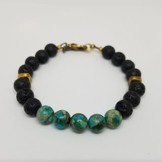 Imperial Turquoise Jasper and Black Lava (10mm) Antiqued Gold Clasp Bracelet