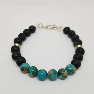 Imperial Turquoise Jasper and Black Lava (10mm) Saucer Sterling Silver Clasp Bracelet