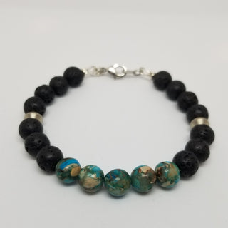 Imperial Turquoise Jasper and Black Lava (10mm) Saucer Sterling Silver Clasp Bracelet