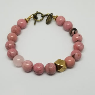 Rhodonite wiyh Rose Quartz (10mm) Antiqued Gold Toggle Bracelet