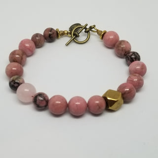 Rhodonite wiyh Rose Quartz (10mm) Antiqued Gold Toggle Bracelet