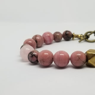 Rhodonite wiyh Rose Quartz (10mm) Antiqued Gold Toggle Bracelet