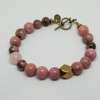 Rhodonite wiyh Rose Quartz (10mm) Antiqued Gold Toggle Bracelet