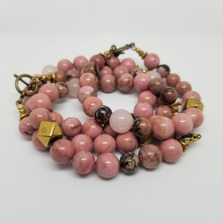 Rhodonite wiyh Rose Quartz (10mm) Antiqued Gold Toggle Bracelet