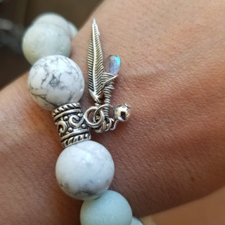 Amazonite with White Howlite (10mm) with Labradorite Briolette & Feather Charm