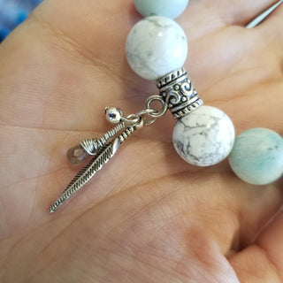 Amazonite with White Howlite (10mm) with Labradorite Briolette & Feather Charm