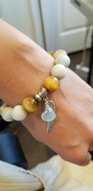 Amazonite with Tiger's Eye (12mm) with Chalcedony Dangle & Angel's Wing Charm