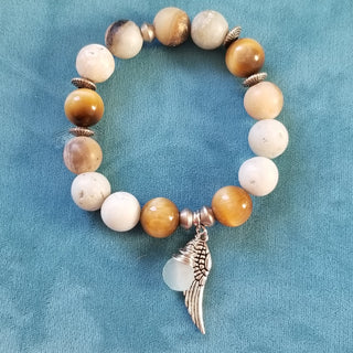 Amazonite with Tiger's Eye (12mm) with Chalcedony Dangle & Angel's Wing Charm