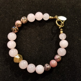 Rose Quartz and Rhodonite (10mm) Hexi Antiqued Gold Toggle Bracelet