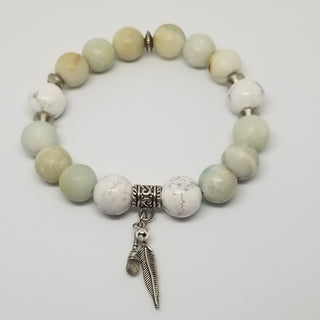 Amazonite with White Howlite (10mm) with Labradorite Briolette & Feather Charm