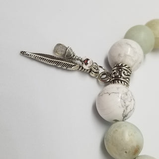 Amazonite with White Howlite (10mm) with Labradorite Briolette & Feather Charm