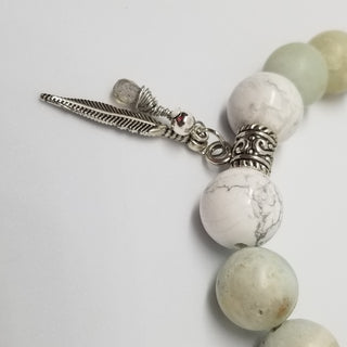 Amazonite with White Howlite (10mm) with Labradorite Briolette & Feather Charm