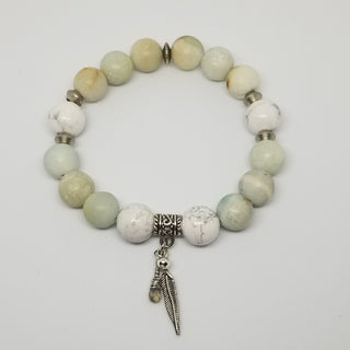 Amazonite with White Howlite (10mm) with Labradorite Briolette & Feather Charm