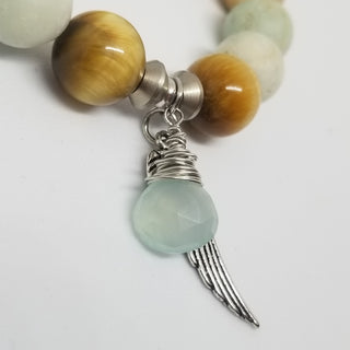 Amazonite with Tiger's Eye (12mm) with Chalcedony Dangle & Angel's Wing Charm