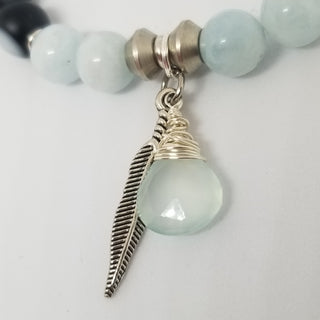 Aquamarine & Black Striped Agate (8mm) with Chalcedony Briolette & Feather Charm