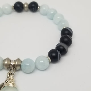 Aquamarine & Black Striped Agate (8mm) with Chalcedony Briolette & Feather Charm