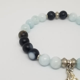 Aquamarine & Black Striped Agate (8mm) with Chalcedony Briolette & Feather Charm