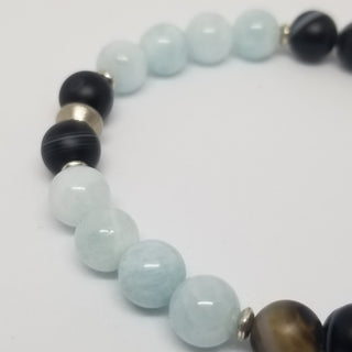 Aquamarine & Black Striped Agate (8mm) with Chalcedony Briolette & Feather Charm