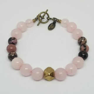 Rose Quartz and Rhodonite (10mm) Hexi Antiqued Gold Toggle Bracelet