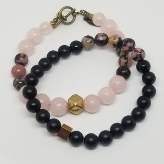 Rose Quartz and Rhodonite (10mm) Hexi Antiqued Gold Toggle Bracelet