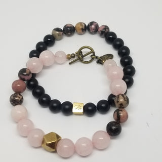 Rose Quartz and Rhodonite (10mm) Hexi Antiqued Gold Toggle Bracelet