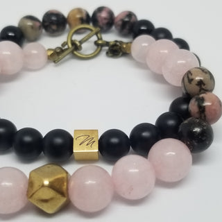 Rose Quartz and Rhodonite (10mm) Hexi Antiqued Gold Toggle Bracelet