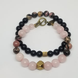 Rose Quartz and Rhodonite (10mm) Hexi Antiqued Gold Toggle Bracelet