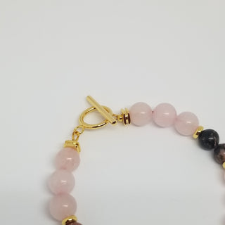 Rose Quartz and Rhodonite (8mm & 10mm)18K Gold Toggle Bracelet with Rose Quartz & Little Guiding Star Dangle