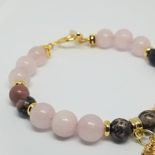 Rose Quartz and Rhodonite (8mm & 10mm)18K Gold Toggle Bracelet with Rose Quartz & Little Guiding Star Dangle