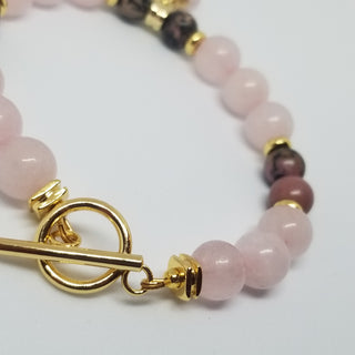 Rose Quartz and Rhodonite (8mm & 10mm)18K Gold Toggle Bracelet with Rose Quartz & Little Guiding Star Dangle