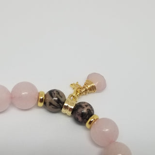 Rose Quartz and Rhodonite (8mm & 10mm)18K Gold Toggle Bracelet with Rose Quartz & Little Guiding Star Dangle