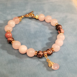 Rose Quartz and Rhodonite (8mm & 10mm)18K Gold Toggle Bracelet with Rose Quartz & Little Guiding Star Dangle