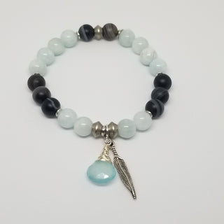 Aquamarine & Black Striped Agate (8mm) with Chalcedony Briolette & Feather Charm