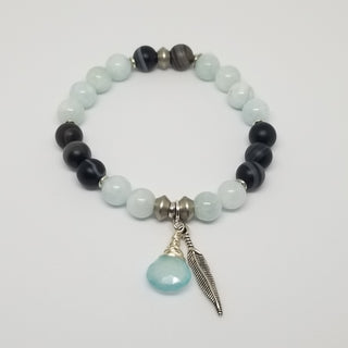 Aquamarine & Black Striped Agate (8mm) with Chalcedony Briolette & Feather Charm