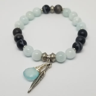 Aquamarine & Black Striped Agate (8mm) with Chalcedony Briolette & Feather Charm