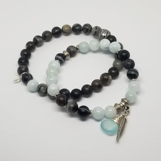 Aquamarine & Black Striped Agate (8mm) with Chalcedony Briolette & Feather Charm