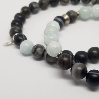 Aquamarine & Black Striped Agate (8mm) with Chalcedony Briolette & Feather Charm