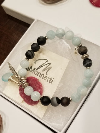 Aquamarine & Black Striped Agate (8mm) with Chalcedony Briolette & Feather Charm