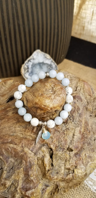 Aqua Marine and Howlite (10mm) Bracelet with Chalcedony Briolette in Silver