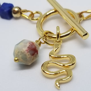 Lapis Lazuli (4mm Square) 18k Gold Filled Necklace with Snake Skin Jasper & Snake Dangle