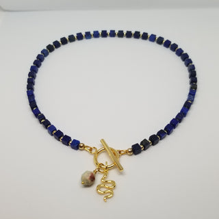 Lapis Lazuli (4mm Square) 18k Gold Filled Necklace with Snake Skin Jasper & Snake Dangle