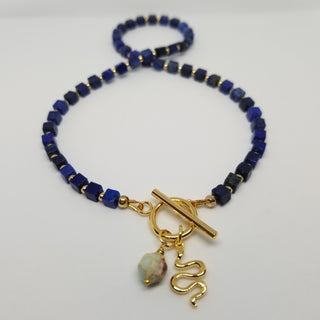 Lapis Lazuli (4mm Square) 18k Gold Filled Necklace with Snake Skin Jasper & Snake Dangle